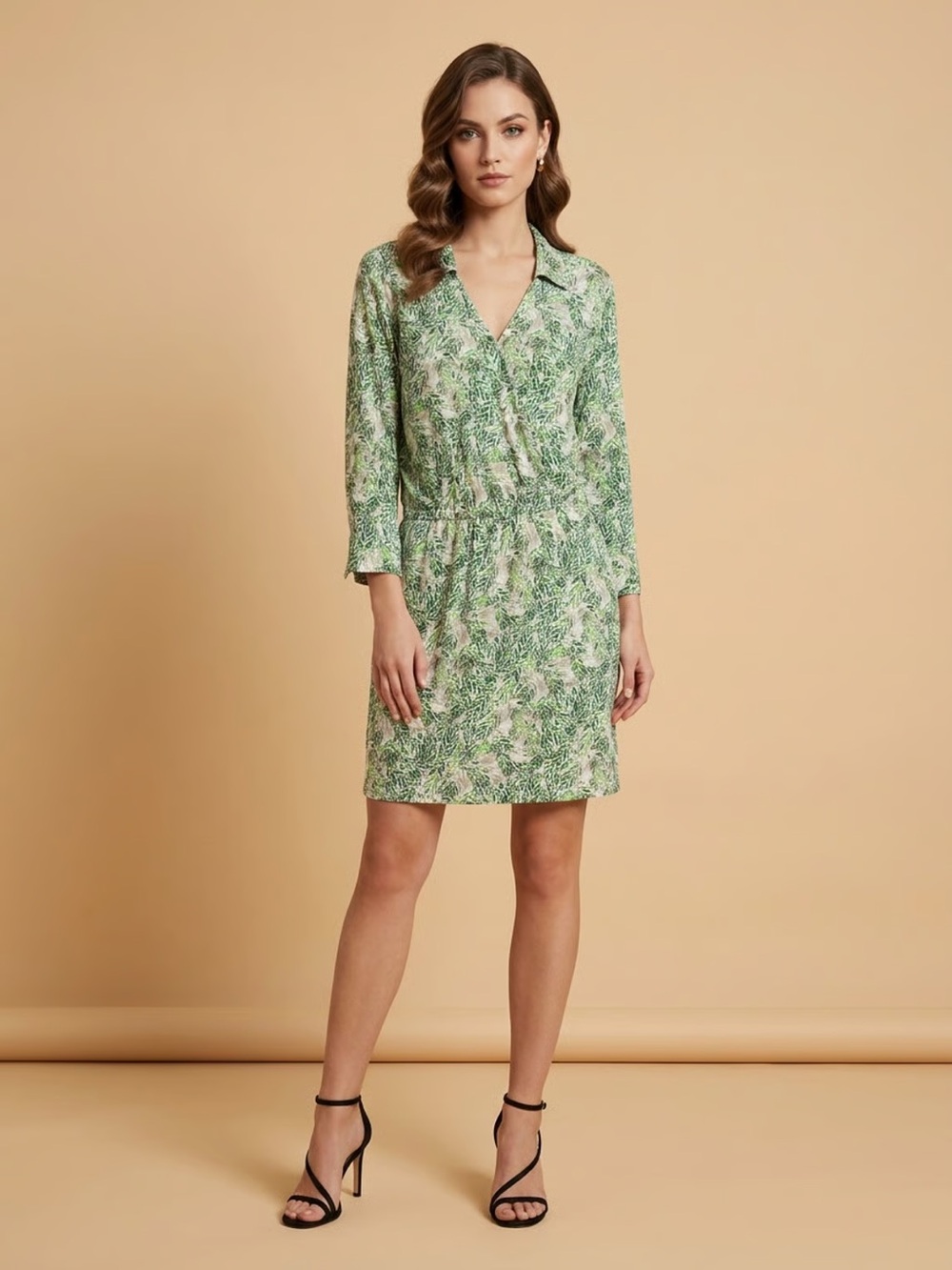 CABI Green and Cream Leaf-Print Long Sleeve Mini Dress Sz M